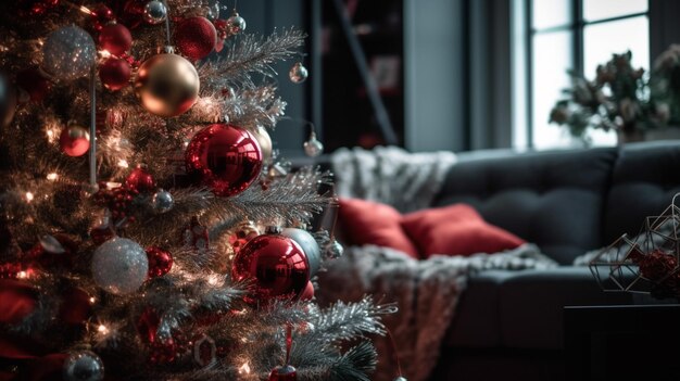 Araffy-Weihnachtsbaum mit roten und silbernen Ornamenten in einem generativen Wohnzimmer