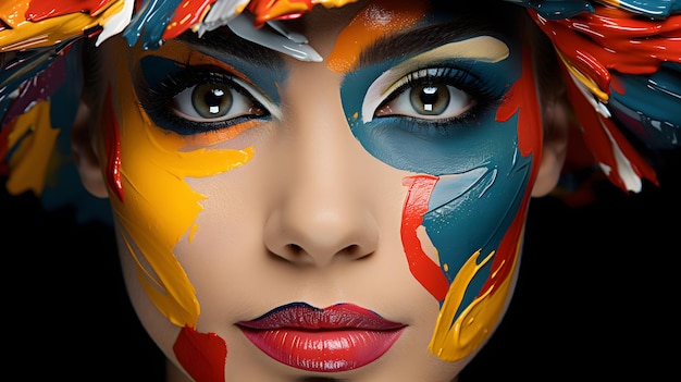 Arafierte Frau mit buntem Make-up und Federhut auf schwarzem Hintergrund Generative KI