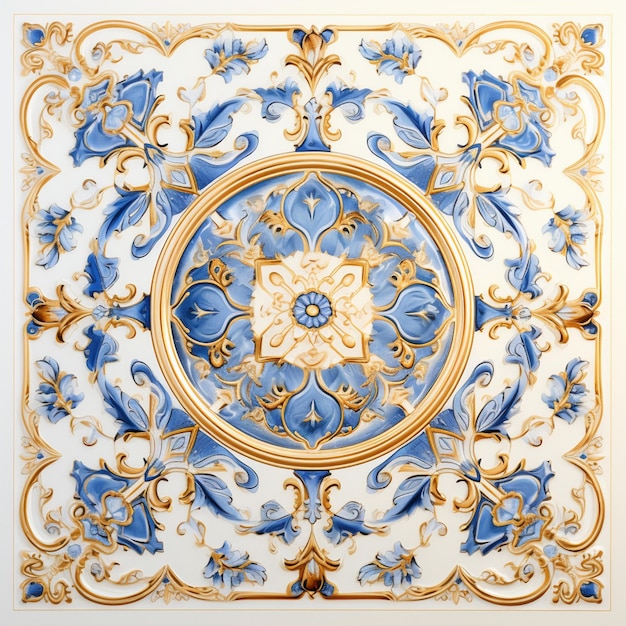 Arafiertes Bild einer dekorativen Fliese mit einem generativen KI-Design in Blau und Gold