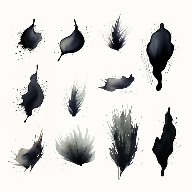Arafiertes Bild einer Sammlung schwarzer Federn auf weißem Hintergrund, generative KI