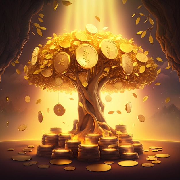 Arafiertes Bild eines Baumes, von dem Münzen fallen, generative KI