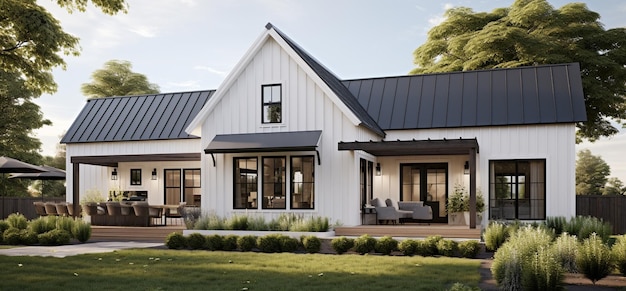 Arafiertes weißes Haus mit schwarzem Dach und schwarzem Metalldach, generative KI