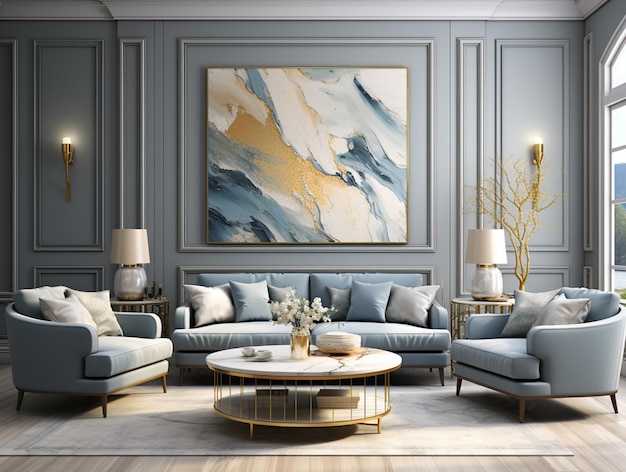 Arafiertes Wohnzimmer mit einer blauen Couch mit generativer Klimaanlage
