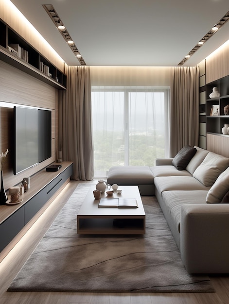 Arafiertes Wohnzimmer mit einer großen Couch und einem Fernseher mit Klimaanlage