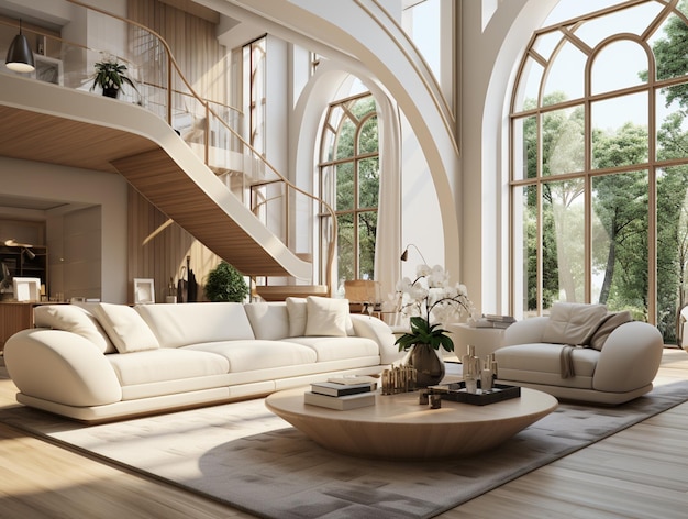 Arafiertes Wohnzimmer mit einer Treppe und einer weißen Couch mit generativer Klimaanlage
