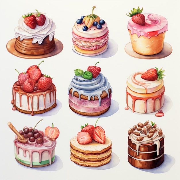 arafies de diferentes tipos de bolos com diferentes coberturas generativas ai