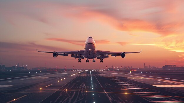 Araflane aterriza en un aeropuerto al atardecer con una ciudad en el fondo generativo ai