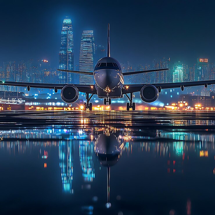 Araflane aterrizando por la noche con las luces de la ciudad reflejadas en el agua