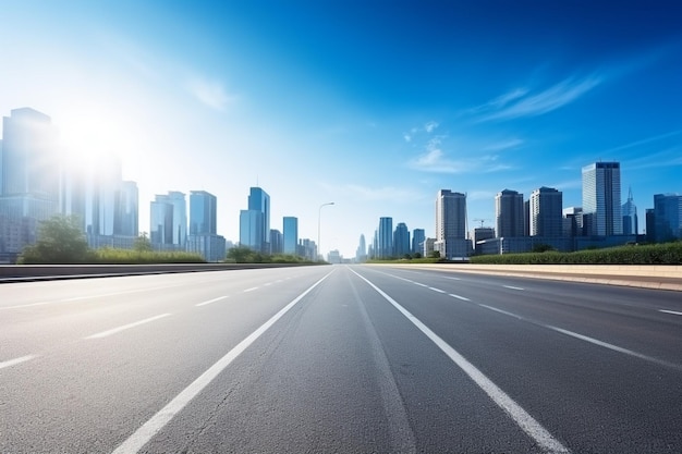 Arafly autopista vacía con el horizonte de la ciudad en el fondo generativo ai