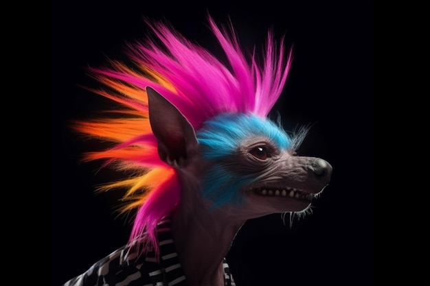 Arafly-farbener, haarloser Hund mit einem Irokesenschnitt auf dem Kopf, generative KI