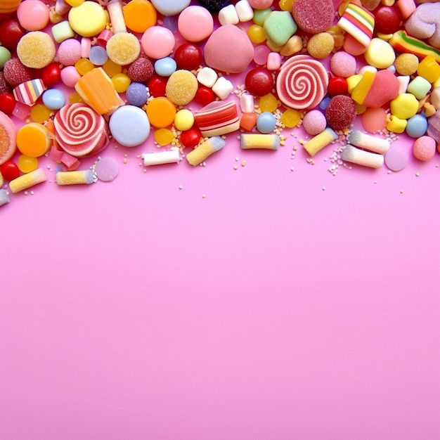 Foto arafly farbige bonbons und candis auf rosa hintergrund, generative ki