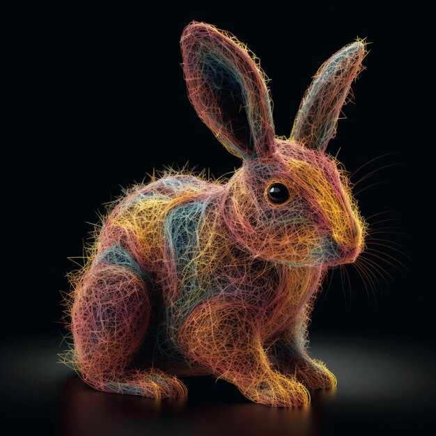 Arafly farbiges Kaninchen sitzt auf einem Tisch mit schwarzem Hintergrund, generative KI