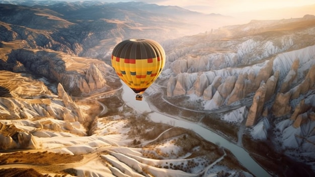 Arafly fliegt über ein Tal mit einem Fluss und einem Heißluftballon generativ ai