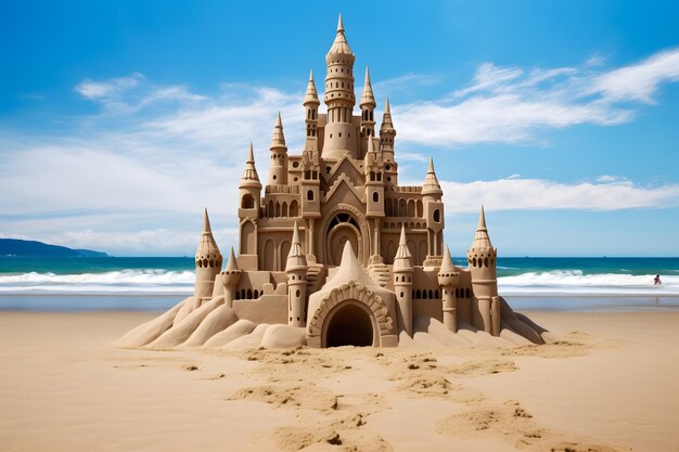 Arafly projetou o castelo de areia na praia com um céu azul generativo ai