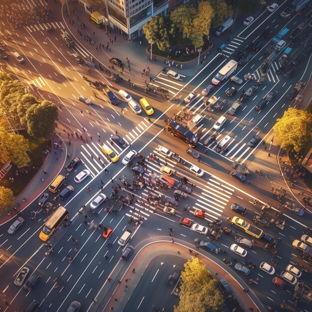 Foto arafly tomó una fotografía de una intersección concurrida con automóviles y autobuses.