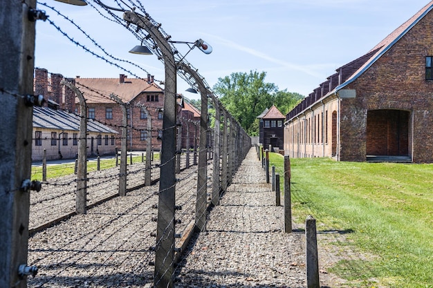 Arame farpado ao redor do campo de concentração de Auschwitz-Birkenau. Oswiecim, Polônia