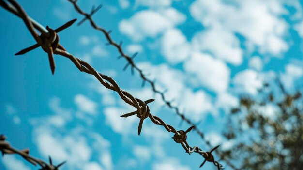 Arame farpado em frente ao céu azul com nuvens