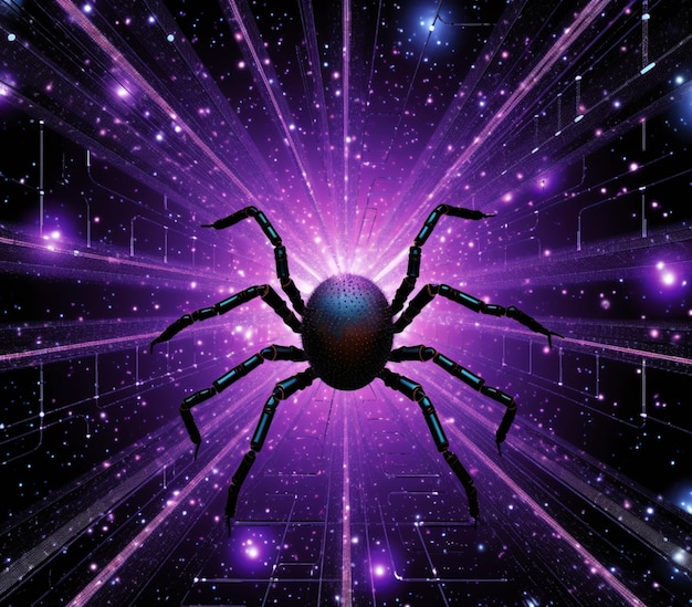 Foto araña arrafada con patas brillantes y patas frente a un fondo generativo lleno de estrellas ai
