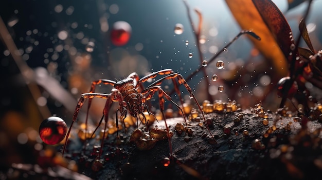 Una araña con una bola roja al fondo.