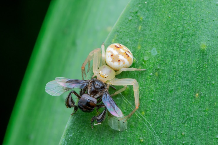 Araña cangrejo blanco comiendo insectos naturaleza macro