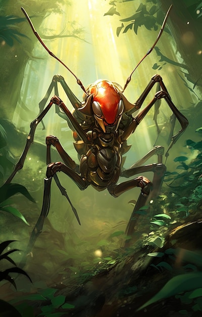 una araña con una cara roja se muestra en una jungla