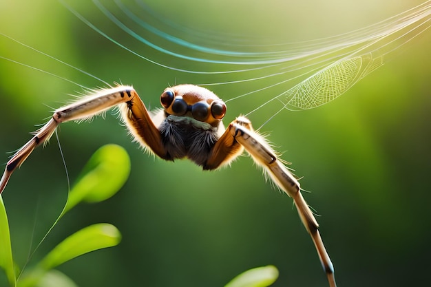 Foto una araña con una cola larga se sienta en una hoja al sol