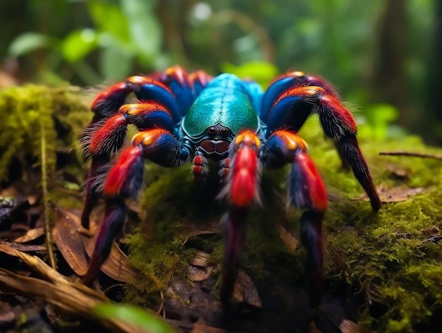 Foto una araña colorida con patas rojas y azules se sienta en un tronco cubierto de musgo.