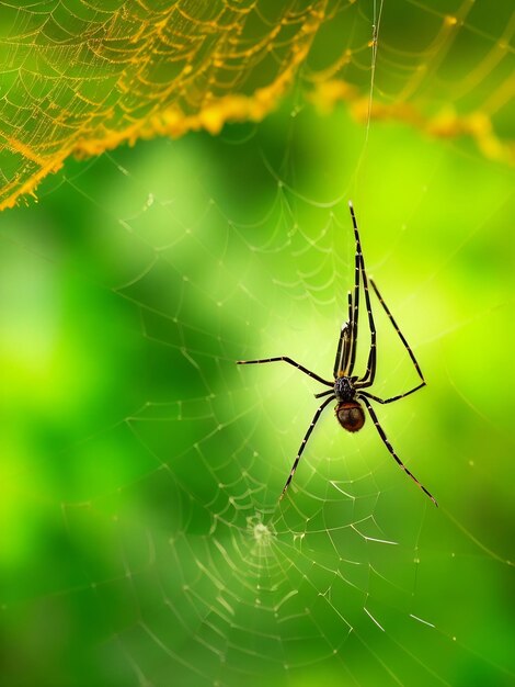 Una araña cuelga de una hoja y tiene una cola larga.