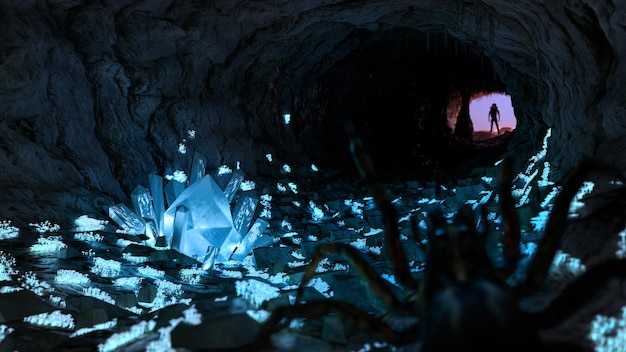Una araña dentro de una cueva oscura llena de champiñones y cristales brillantes El hombre se para en los rayos de luz en la entrada de la cueva