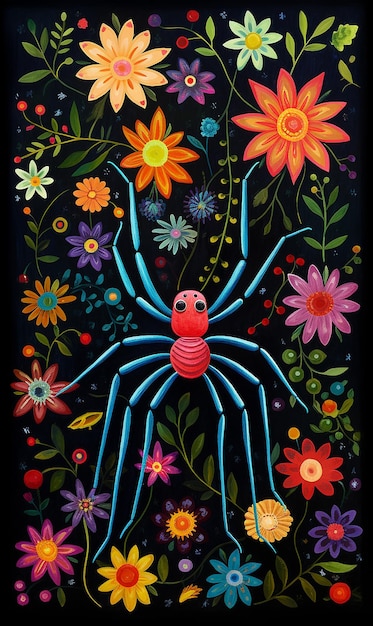 Foto araña floral colorida en el estilo de póster abstracto arte ingenuo