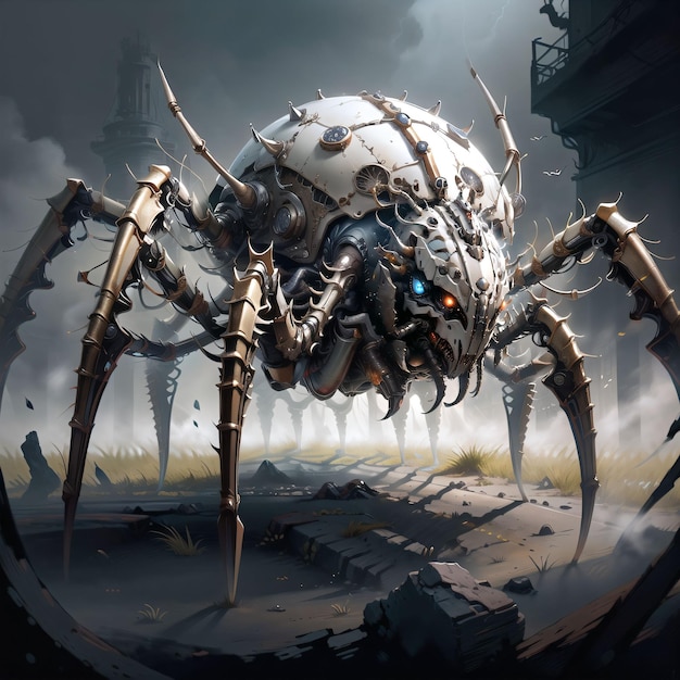 Una araña grande con una cara grande está sobre un fondo oscuro.