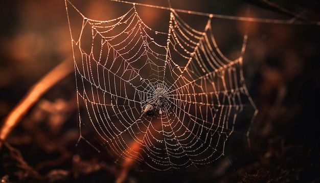 Araña hace girar una trampa espeluznante de la naturaleza cubierta de rocío generada por IA