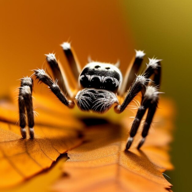 Una araña en una hoja con un fondo amarillo.