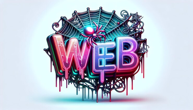 Foto araña holográfica 3d y red con concepto de texto web como una araña hologràfica vibrante y brillante y red