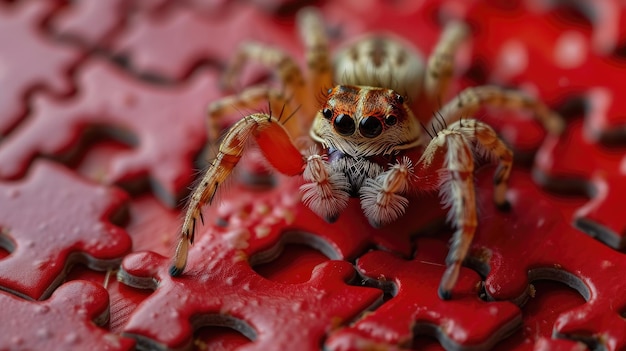 Araña juguetona explorando un rompecabezas único con curiosidad