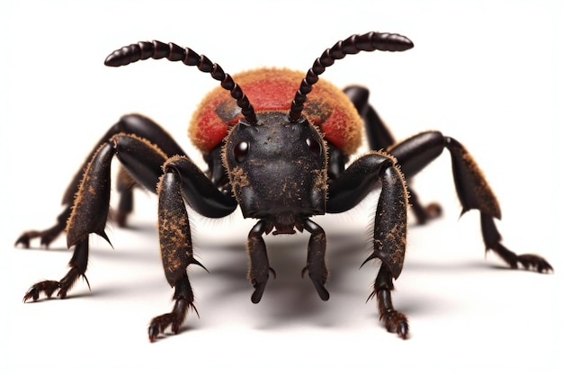 Foto una araña negra y roja con una cara roja y ojos negros.