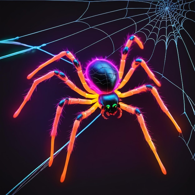 Foto una araña de neón sostiene su propia red