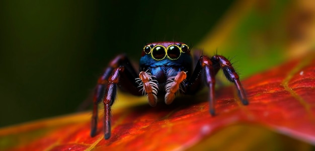 Una araña con ojos amarillos y ojos azules se sienta en una hoja.