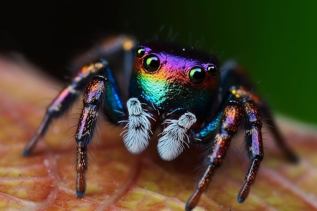 Una araña con ojos de arcoíris se sienta sobre una flor rosa.