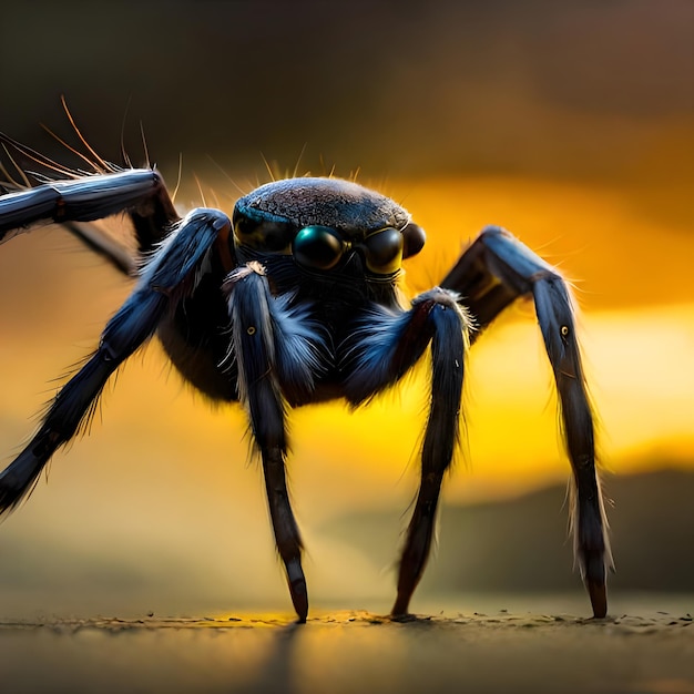 Una araña con ojos azules y ojos azules se para sobre una superficie.