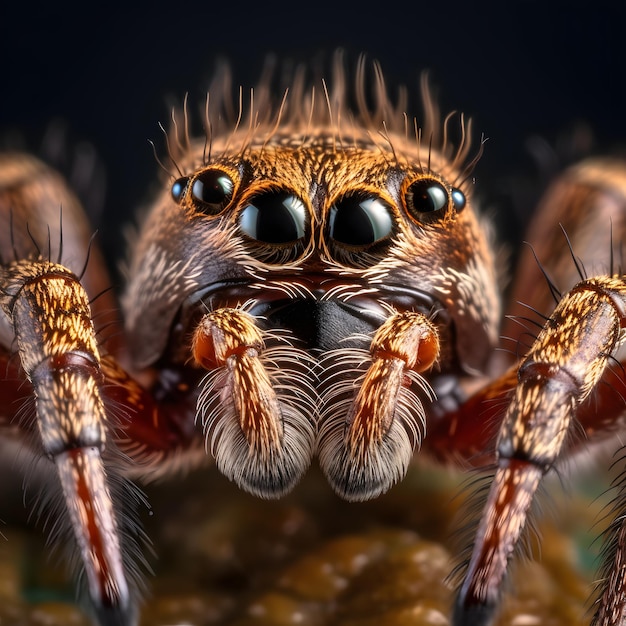 Una araña con ojos grandes y fondo negro.