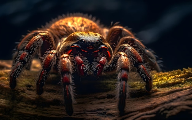 Una araña con ojos rojos y ojos rojos se sienta en un tronco.