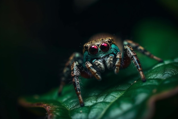 Una araña con ojos rojos se sienta en una hoja.