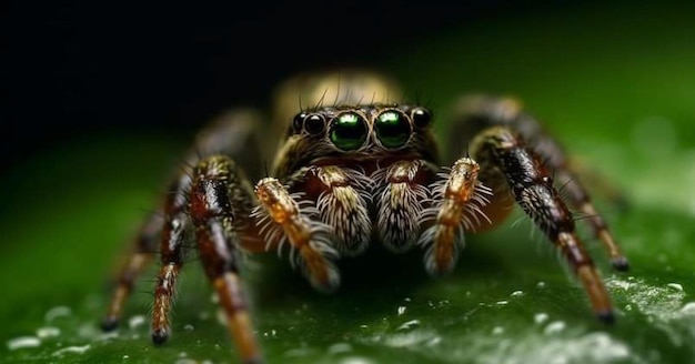 Una araña con ojos verdes se sienta en una hoja.