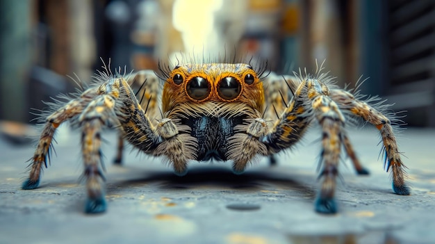 Una araña con patas largas y un cuerpo peludo está mirando fijamente a la cámara