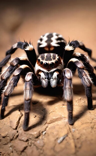 Foto una araña que es negra y blanca con una franja negra en su cara