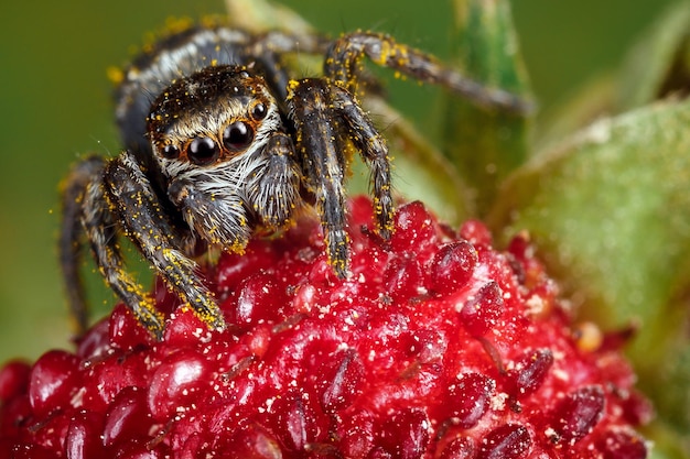 Araña saltadora en el jardín rojo rubí fresa con semillas