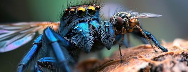 Araña saltando con su presa en un vívido primer plano