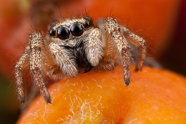 Araña saltarina pegada con polen amarillo sentado en el ashberry naranja