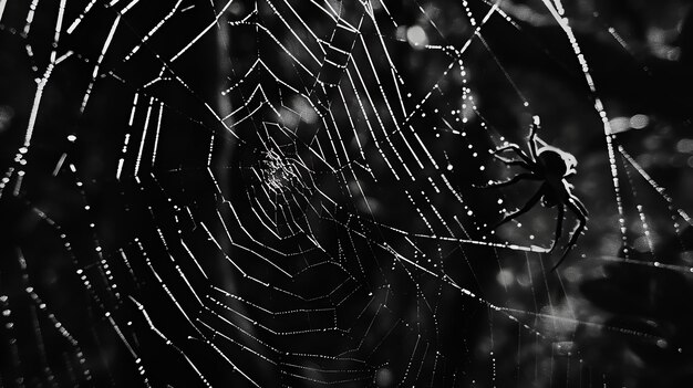 Foto una araña se sienta en el centro de su red que está cubierta de rocío la red es delicada e intrincada y la araña está perfectamente equilibrada en el centro